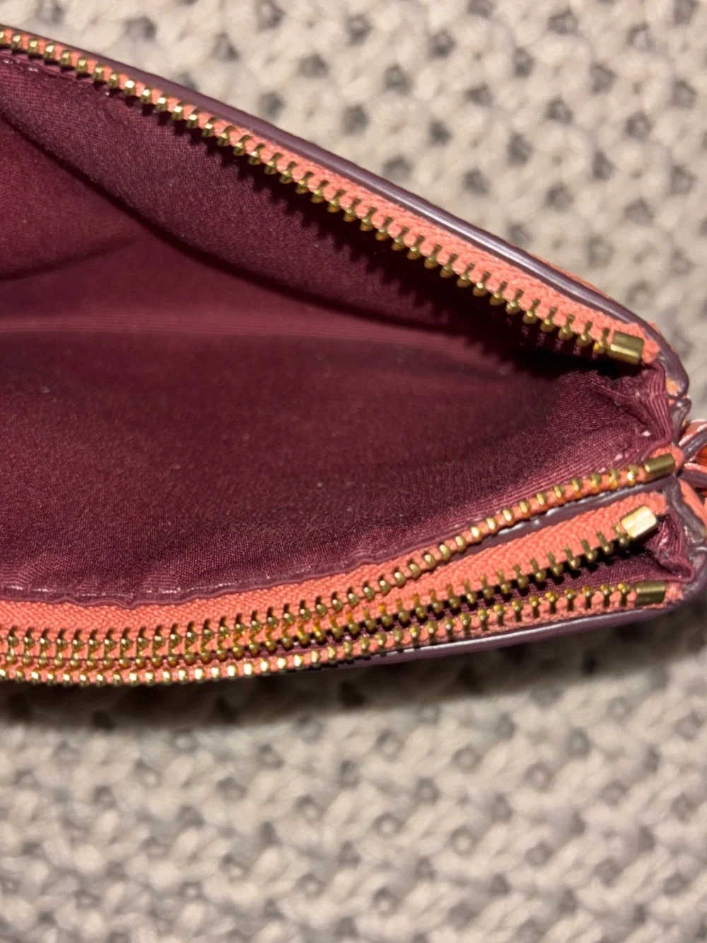 Coach Coral/Peach Gold Pebbled Leather Wristlet double corner zip